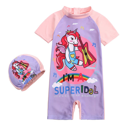 2025 Toddler Children Swimwear Suit Print UV Kids Boys Girls Summer Beach Clothes 2Pcs Cap+Bathing Swimming Diving Swimsuit