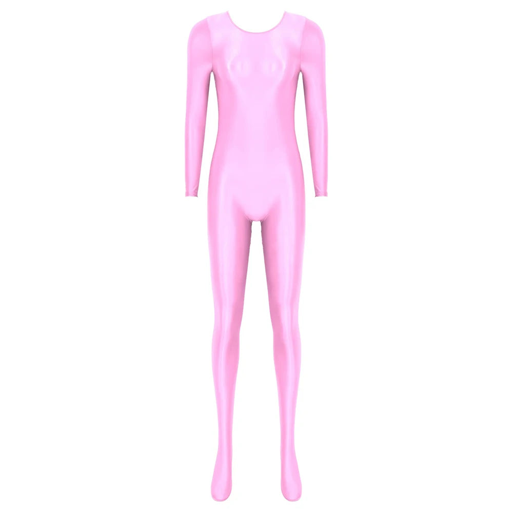 Women Oil Shiny Long Sleeve Pantyhose Jumpsuit Bodystocking Yoga Gymnastics Shapewear One-Piece Swimsuit Catsuit Glossy Bodysuit
