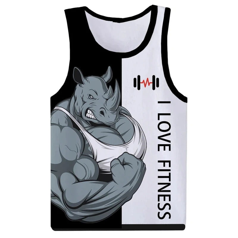 I Love Fitness Tank Tops Animal Letter 3D Print Men's Streetwear Hip Hop Oversized Gym Vest Harajuku Sleeveless Top Man Clothing