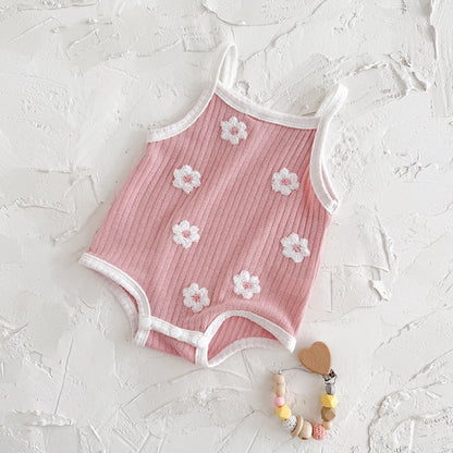 Ins Newborn Baby Girl Clothes Summer Suspenders Romper Triangle Jumpsuit Flower Embroidery Toddler Strap Bodysuit 0-18 Months