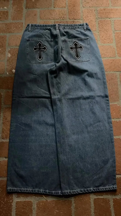 Gothic Halloween Scythe Grim Reaper Hip Hop Streetwear Jeans Men Women Retro Punk Print Traight Wide-leg Black Baggy Denim Pants