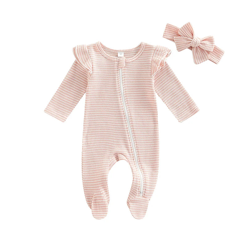 0-9M Newborn Baby Girl Clothes Ruffle Baby Sleeper Zipper Footie Knit Romper Playsuit Jumpsuit with Headband Outfit 2 Piece