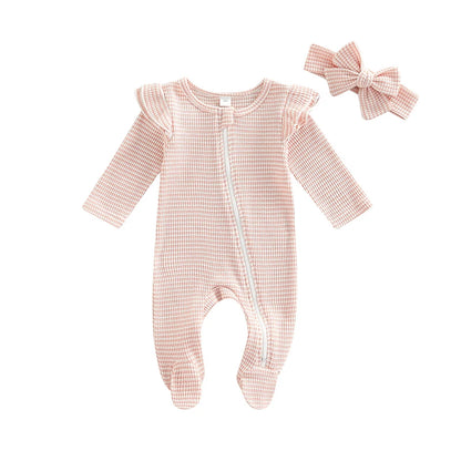 0-9M Newborn Baby Girl Clothes Ruffle Baby Sleeper Zipper Footie Knit Romper Playsuit Jumpsuit with Headband Outfit 2 Piece