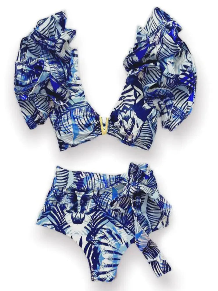 New Sexy Brazilian Bikini Set Ruffle Swimwear Women Push Up Swimsuit High Waist Print Floral Bathing Suit Biquini Female