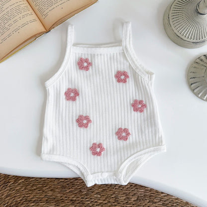 Ins Newborn Baby Girl Clothes Summer Suspenders Romper Triangle Jumpsuit Flower Embroidery Toddler Strap Bodysuit 0-18 Months