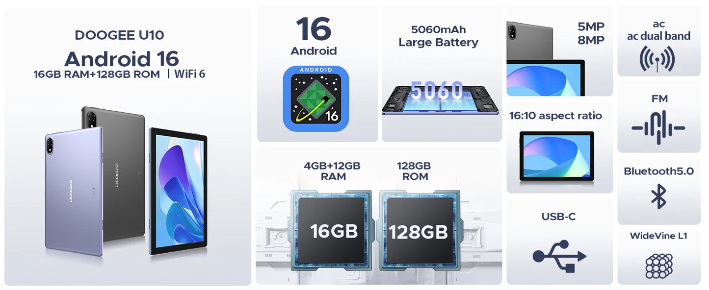 DOOGEE U10 Tablet 10.1" HD Display Android 16 16GB RAM 128GB ROM 5060mAh Large Battery Widevine L1 WiFi6 8MP+5MP Pad PC