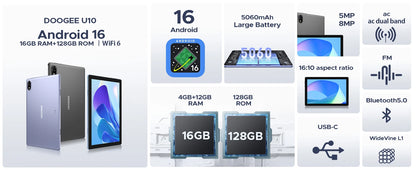 DOOGEE U10 Tablet 10.1" HD Display Android 16 16GB RAM 128GB ROM 5060mAh Large Battery Widevine L1 WiFi6 8MP+5MP Pad PC