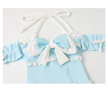 Japanese Lolita Girls Bow Cute Water Blue Swimsuit Hot Spring Bathing Swimwear Japanese Style Women One Peice Swimming Suit