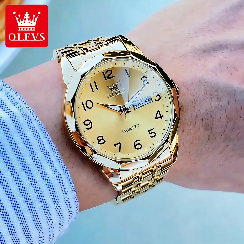 OLEVS Men's Watches Luxury Fashion Fine Steel Strap Top Brand Original Quartz Wristwatch for Man Rhombus Mirror Waterproof Date