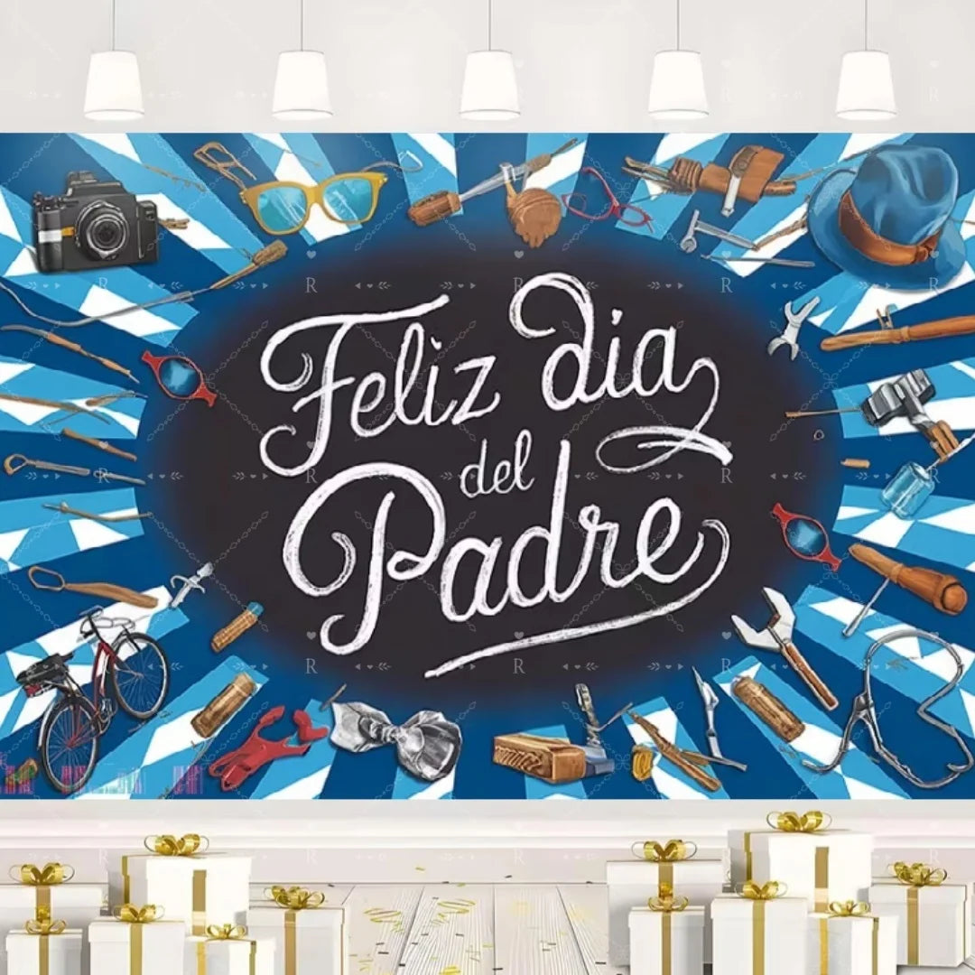 Happy Father's Day Family Party Decoration Background Feliz Día del Padre Golden Blue Balloon Backdrop for Man Tuxedo I Love Dad