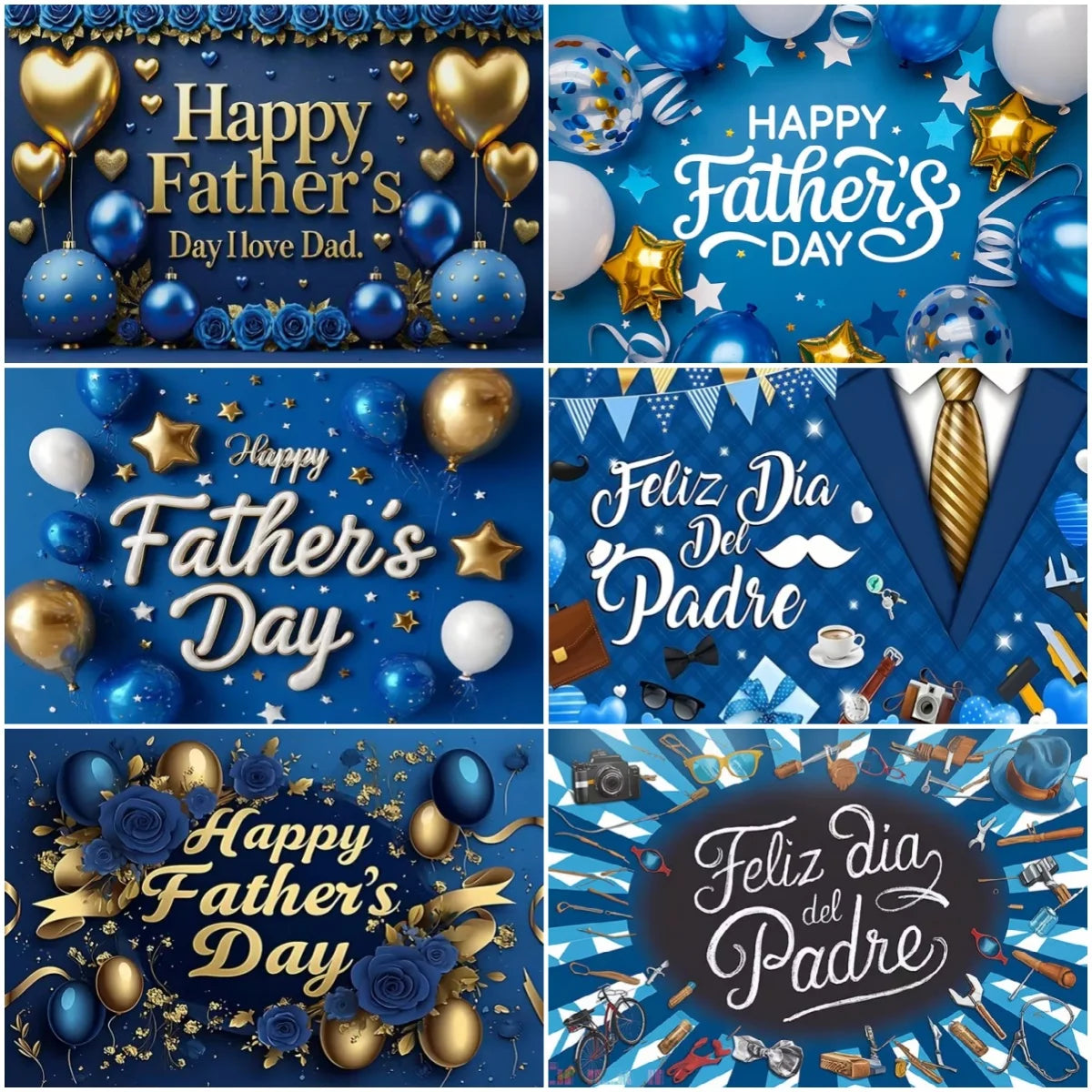 Happy Father's Day Family Party Decoration Background Feliz Día del Padre Golden Blue Balloon Backdrop for Man Tuxedo I Love Dad