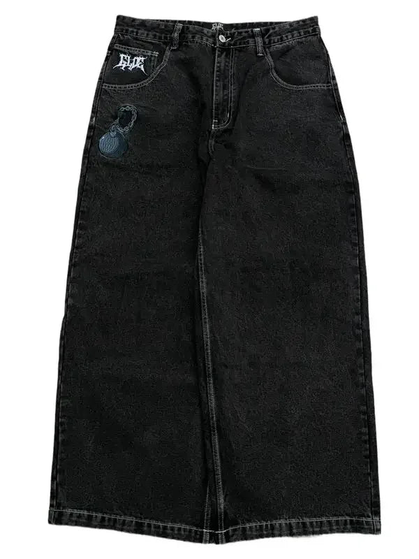 Gothic Halloween Scythe Grim Reaper Hip Hop Streetwear Jeans Men Women Retro Punk Print Traight Wide-leg Black Baggy Denim Pants
