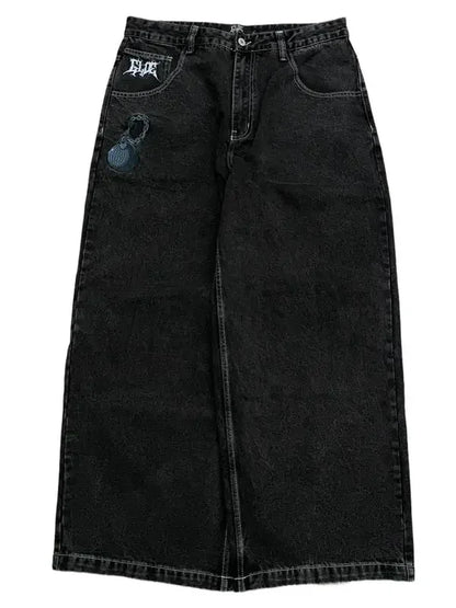 Gothic Halloween Scythe Grim Reaper Hip Hop Streetwear Jeans Men Women Retro Punk Print Traight Wide-leg Black Baggy Denim Pants
