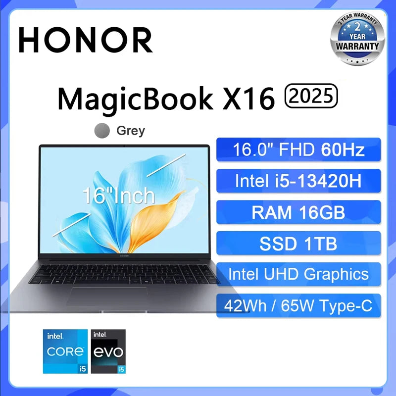 HONOR MagicBook X16 2025 Laptop Intel Core i5-13420H i7-13620H RAM 16GB SSD 512GB 1TB 16"Inch FHD Notebook Ultrabook Computer PC