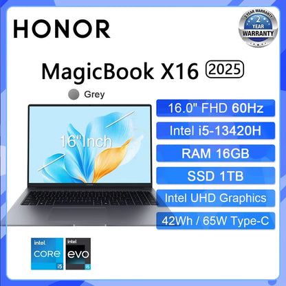 HONOR MagicBook X16 2025 Laptop Intel Core i5-13420H i7-13620H RAM 16GB SSD 512GB 1TB 16"Inch FHD Notebook Ultrabook Computer PC