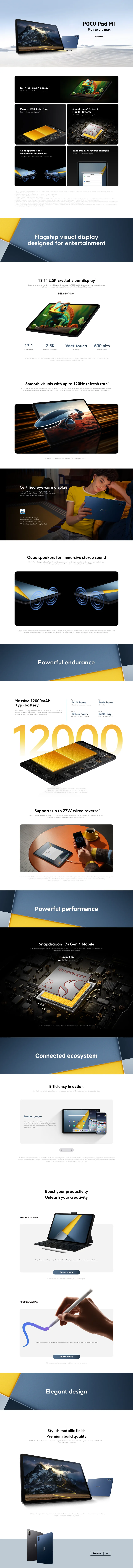 Global Version POCO Pad M1 Snapdragon 7s Gen 4 12.1" 2.5K Crystal-clear Display 33W Fast Charging 12000mAh Battery
