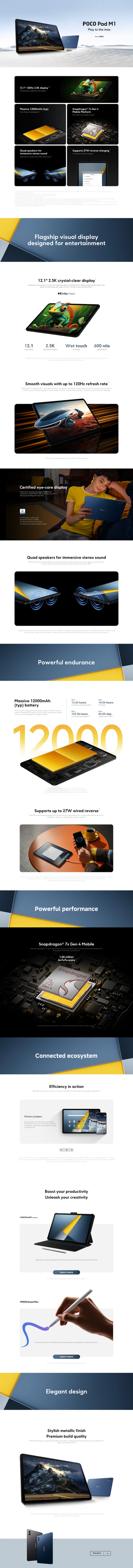 Global Version POCO Pad M1 Snapdragon 7s Gen 4 12.1" 2.5K Crystal-clear Display 33W Fast Charging 12000mAh Battery