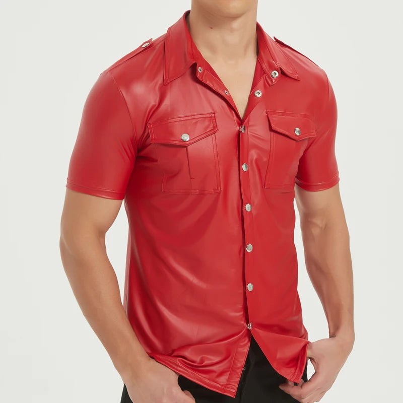 Men's PU leather shirts elastic short sleeve superior quality