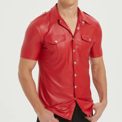 Men's PU leather shirts elastic short sleeve superior quality