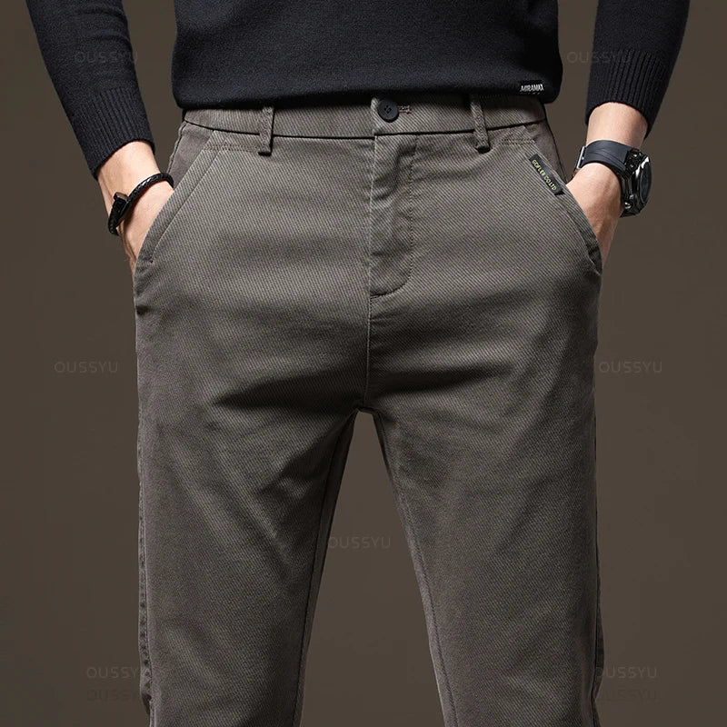 Autumn Winter High Quality Pants Men Elastic Waist Slim Coffee Twill Brand Clothing Thick Cargo Trousers Male Plus Size 28-38