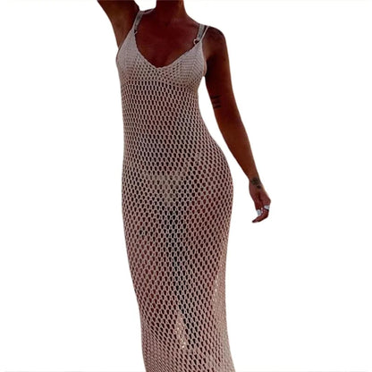 Lamuusaa Sexy Beach Dress Women Bikini Cover Ups Solid Color V Neck Crochet Cutout Sleeveless Backless Long Dress Party Dresses