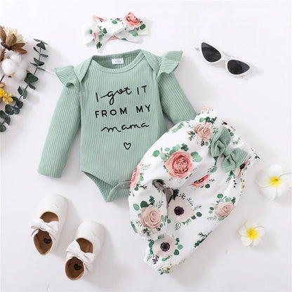 Newborn Baby Girl Autumn Set Letter Long sleeved Bodysuit +Bow Printed Pants+Headband fit 0-12 Months Female Babies Fashion Suit