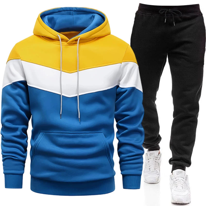 Autumn Winter Fashion Tracksuit Tricolor Hoodies and Black Sweatpants High Quality Male Daily Casual Sports Hooded Jogging Suit