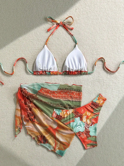 Sexy Skirt 3 Piece Bikinis Sets 2026 Women Orange Floral Tiger Print Push Up High Waist Swimsuit Bathing Suit Swimwear Biquini