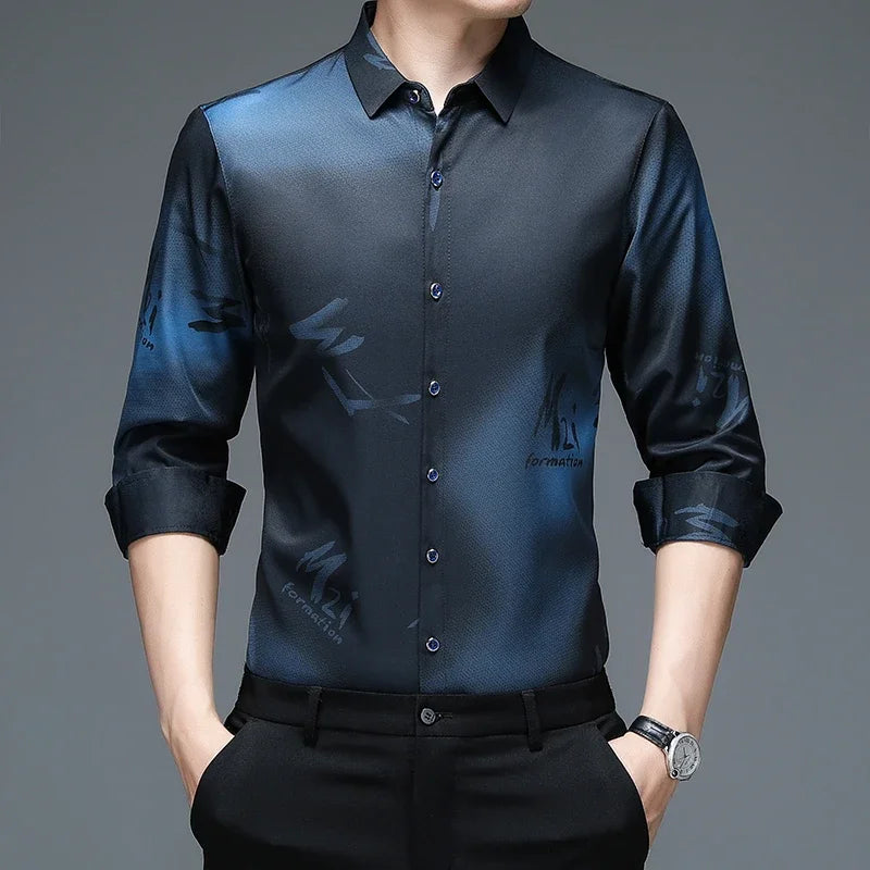 New Men's Casual and Fashionable Long Sleeved Shirt with Printed Anti Wrinkle Business Shirt