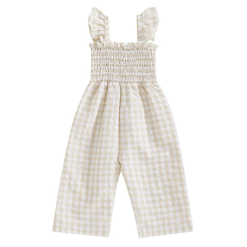 2025 Baby Girl Clothes Girl Cotton Overalls Ruffle Sleeve Strappy Gingham Checkered Romper Casual Loose Pants Outfit 0-4Y