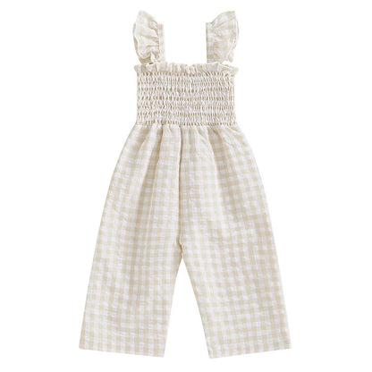 2025 Baby Girl Clothes Girl Cotton Overalls Ruffle Sleeve Strappy Gingham Checkered Romper Casual Loose Pants Outfit 0-4Y