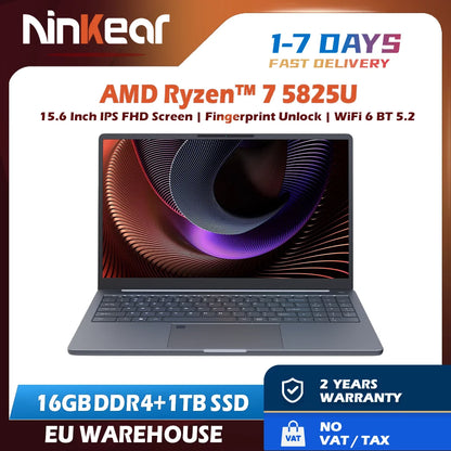 Ninkear A15 Plus 2026 Gaming Laptop Computers AMD Ryzen™ 7 5825U 4.5Ghz 15.6' FHD IPS 16GB DDR4 + 1TB SSD Backlit Keyboard FP Unlock