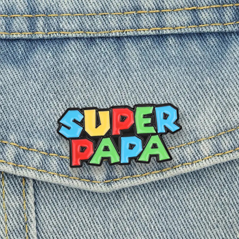 Super Papa Cartoon Enamel Pin Retro Video Game Colorful Block Letter Brooch Bag Lapel Badge Father's Day Jewelry Gift for Dad
