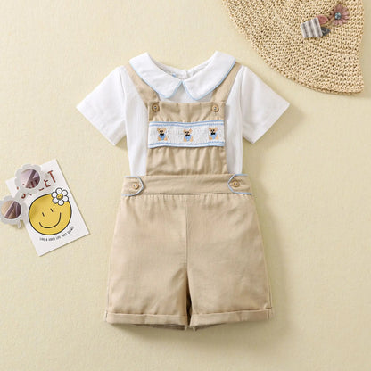 Ins Handmade Baby Boys' Clothes New British Wind Cotton Short-sleeved Shirt Embroidered Bear Clothes Baby Boys Boutique Suits