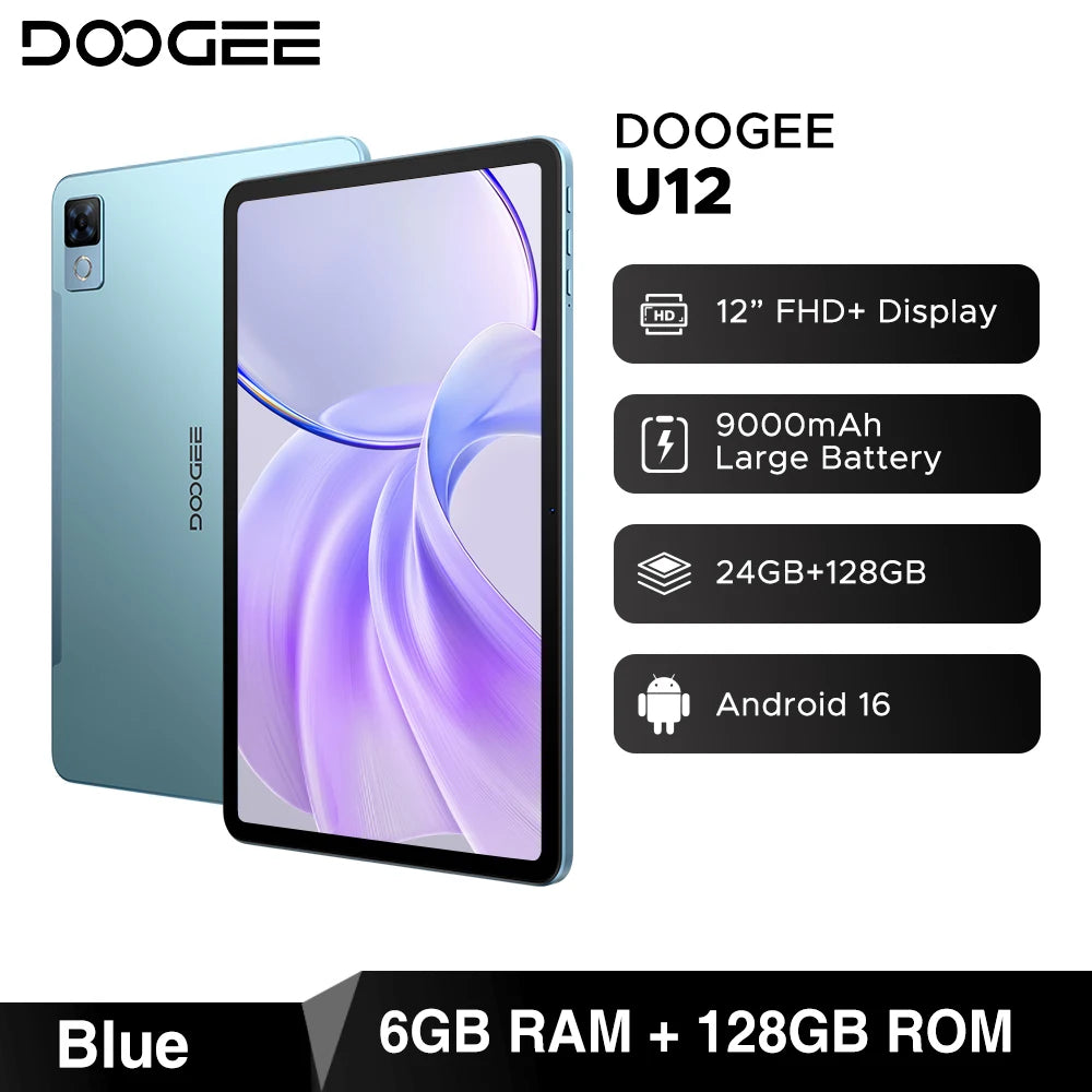 DOOGEE U12 Tablet PC Android 16 Gemini AI 12'' FHD+ Screen 24GB RAM 128GB 9000mAh Large Battery 7.8mm Ultra-thin Smart Pad