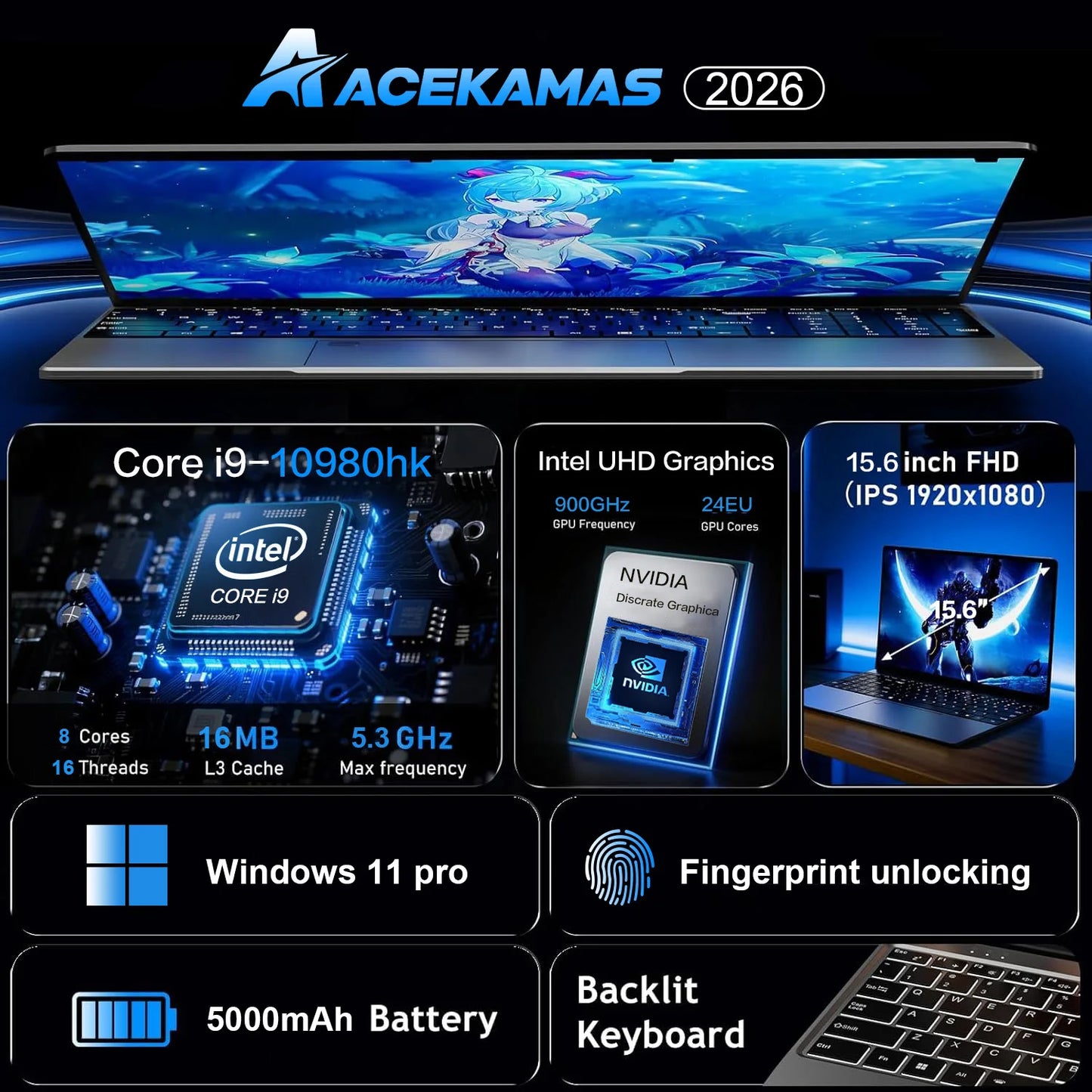 15.6" Gaming Laptop intel Core i9 10980HK Windows 11 Pro Notebook PC Gamer 16GB DDR4 1TB SSD IPS 1920*1080 Fingerprint Computer