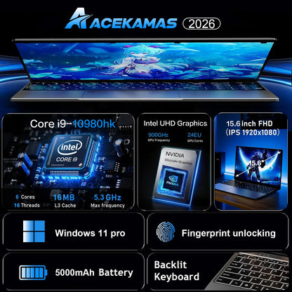 2026 15.6" Gaming Laptop Computer Intel Core i9 10980HK Windows 11 Pro PC Gamer 16GB RAM 1/2TB SSD Notebook PC Portable Laptops