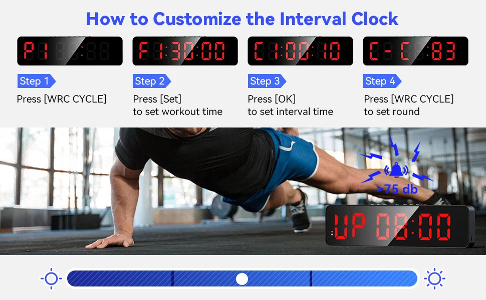 Gym Timer with Remote 11''x 3.5''Ultra-Clear Interval Timer with LED Countdown/Up Wall Clock Power Fitness Timer Stopwatch