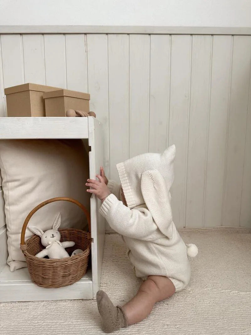 Bunny Ear Hooded Knit Baby Romper