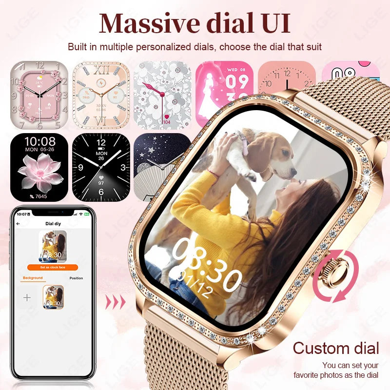 2026 Fashion Women Smart Watch Bluetooth Call Custom Watch Face Fitness Tracker IP68 Waterproof Smartwatch Woman for Android IOS