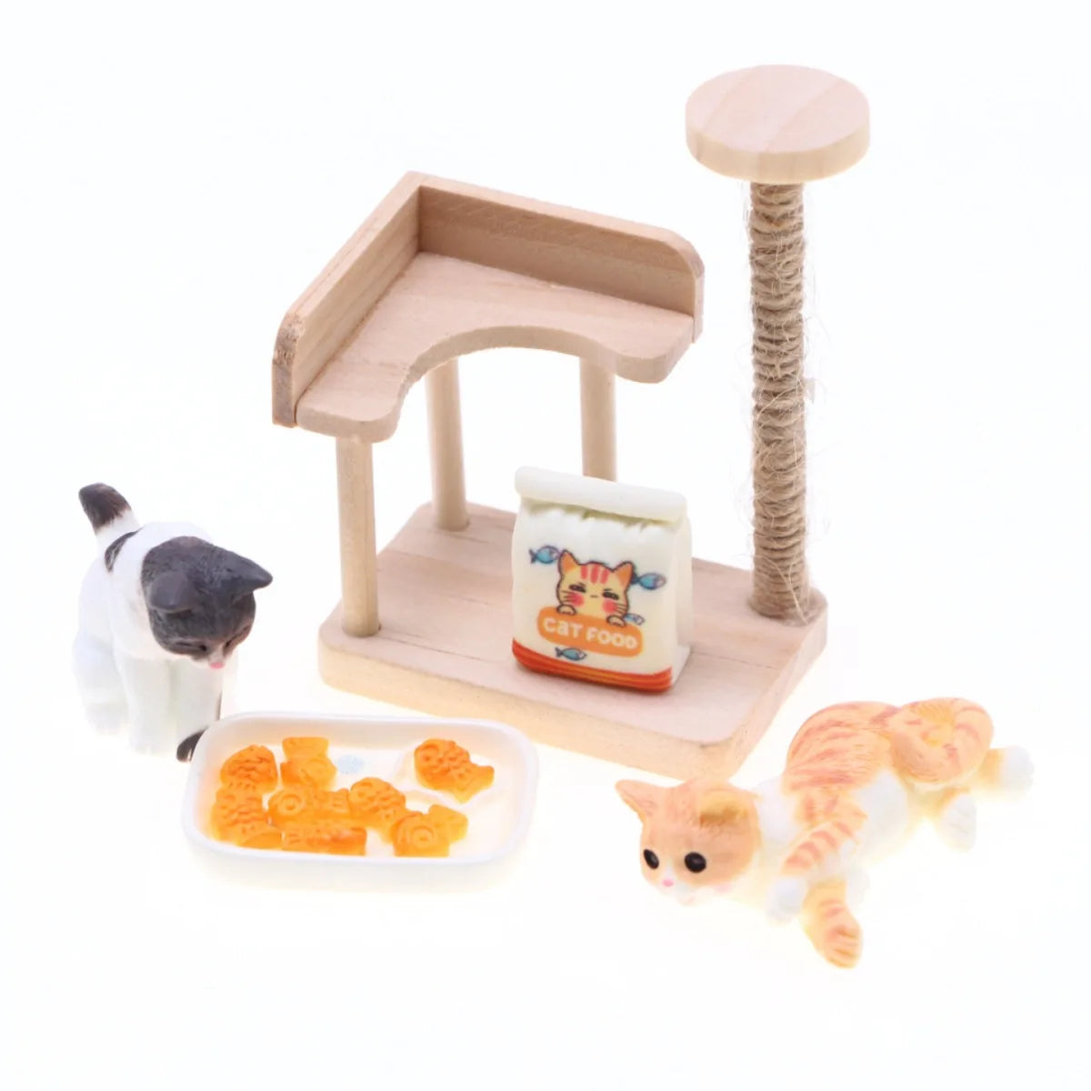 Dollhouse Miniature Wooden Cat Climbing Frame Has Jute Scratching Reversible Cat Tree Mini Resin Cat Food Model Furniture Decor