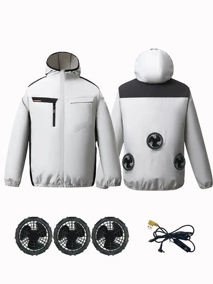 Summer Cooling Jacket Men Hooded Fan Jacket Heat Resistant Fan Air Conditioner Clothes Breathable Outdoor Fishing Fan Workwear