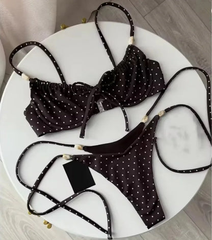2026 New Sexy Underwire Padded Swimsuit Lace-up Micro Bikini Set Beachwear Female Push Up Low Waist Biquini Bead Decor Swimwear