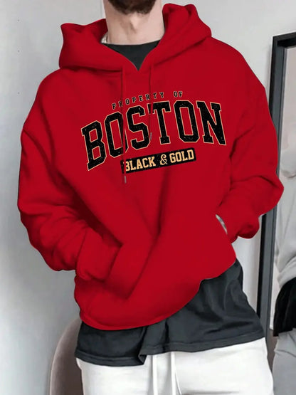 Men's Boston Letter Printed Fleece Warm Hood Adjustable Drawstring Comfortable Outdoor Use Autumn Winter Casual Fashion Hoodie