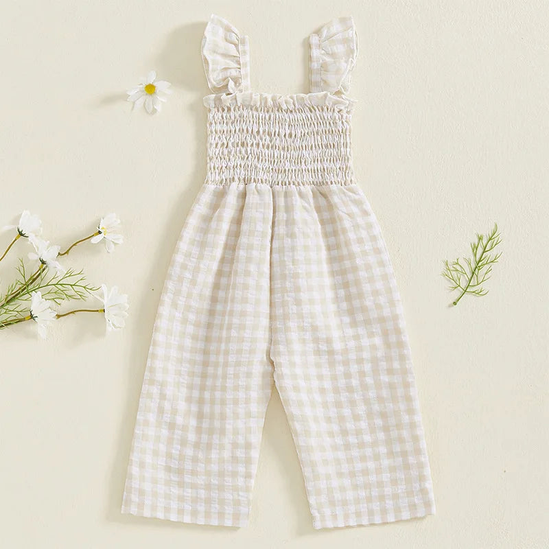 2025 Baby Girl Clothes Girl Cotton Overalls Ruffle Sleeve Strappy Gingham Checkered Romper Casual Loose Pants Outfit 0-4Y
