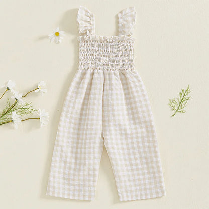 2025 Baby Girl Clothes Girl Cotton Overalls Ruffle Sleeve Strappy Gingham Checkered Romper Casual Loose Pants Outfit 0-4Y