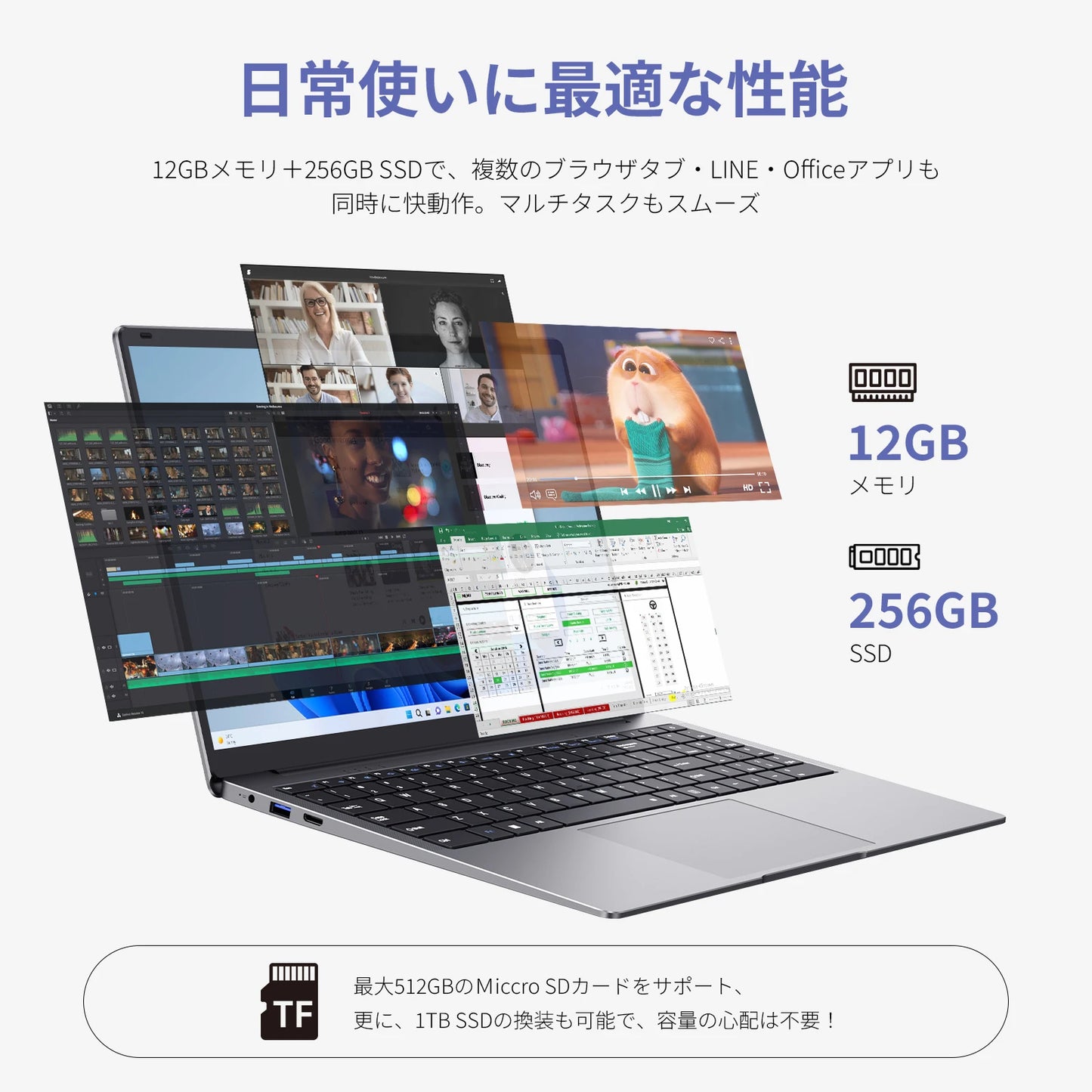 15.6 "Thin & Portable Laptop Computer Intel Celeron N4000 12GB RAM 256GB SSD FHD 1920x1080 16:9 Display For Work And Study