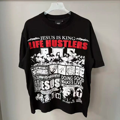 New fashion brand LIFE HUSTLERS Y2K hot stamping hole Men Women T-shirt Streetwear 100% Cotton Loose Round Neck Top Tees
