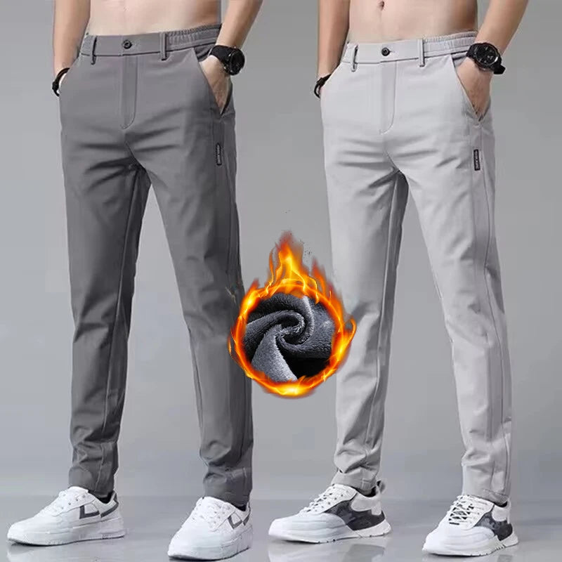 Korean Men's Warm Golf Pants Slim Straight Winter Thick Fleece Casual Pants Business Fashion Stretch Thermal Trousers Male