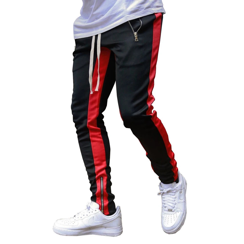Mens Training Pants Plaid GYM Track Sweatpants Grey Joggers Breathable Stripe Fitness Male Running Sport Trousers Zipper Pockets